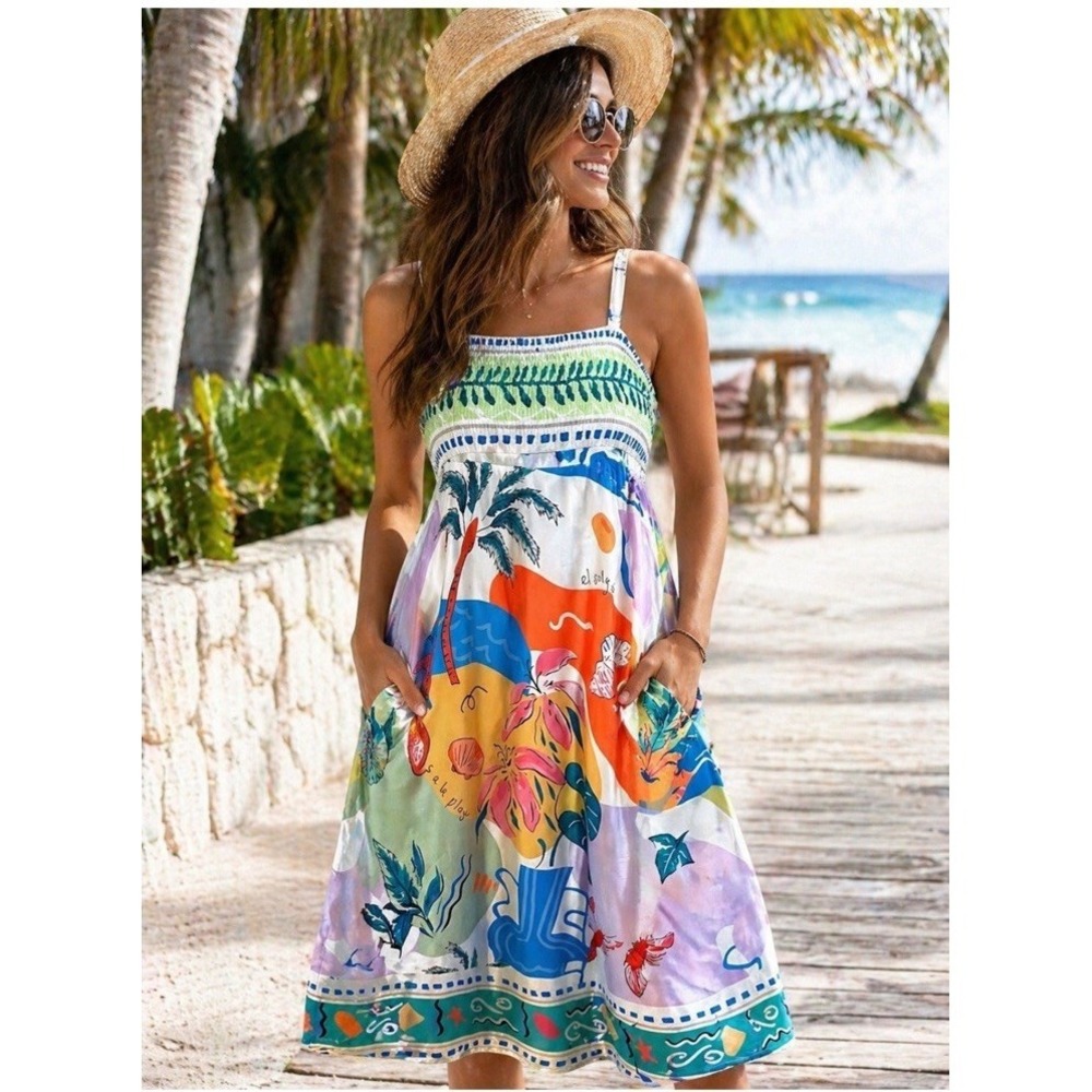 Women's Tropical Sundress Smocked Strap Beach Dress Pockets XS/S New Without Tag